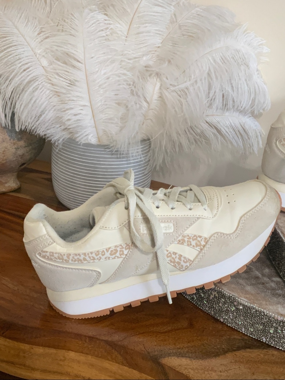 Reebok Women’s Cream and Tan Sneakers with Leopard Accent - Picture 3 of 5